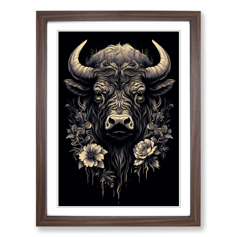 Bison Line - Single Picture Frame Print on Wood, Walnut Framed, 34cm H x 25cm W x 2cm D