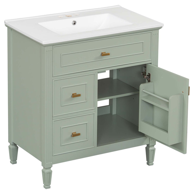 Meuble-lavabo de 30 po avec lavabo, meuble-lavabo avec un tiroir rabattable et deux tiroirs, tablette réglable, bois massif et panneau de fibres à densité moyenne
