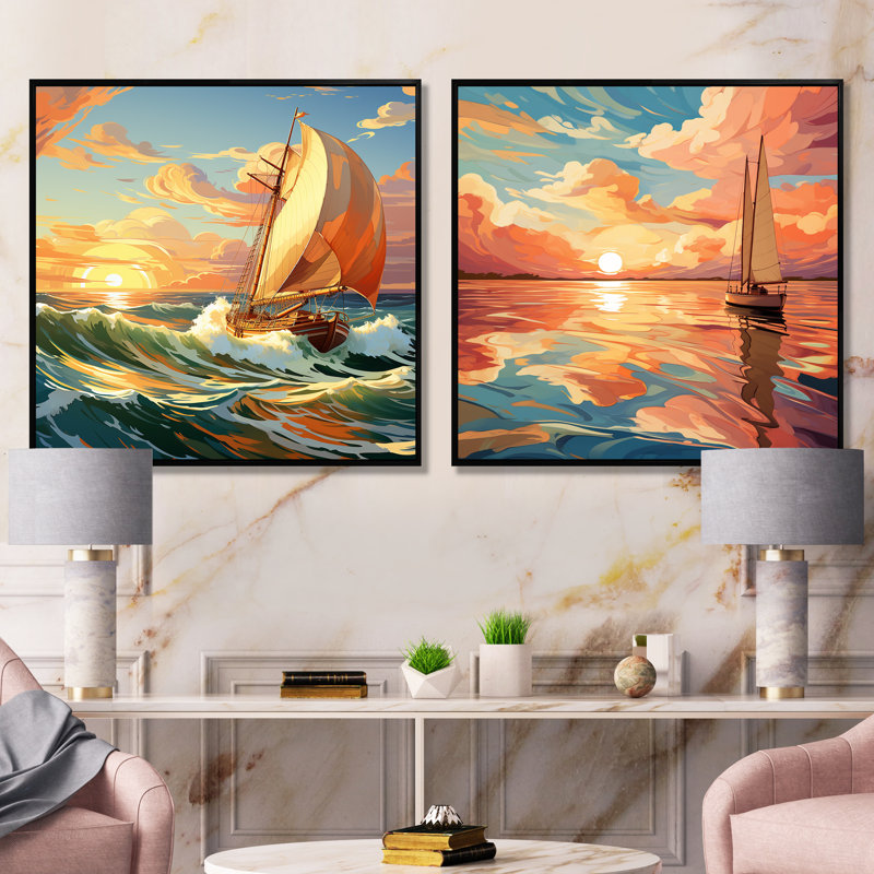 Orange nautique orange, bateau à voile Horizon I - ensemble de 2 reproductions d'art mural, Cadre flottant noir