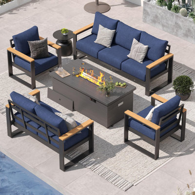 Ensemble de mobilier de patio en aluminium pour 7 personnes avec table de foyer de 50000 BTU, ensemble de conversation moderne avec coussins en oléfine de 6 po pour le balcon, le porche et la cour