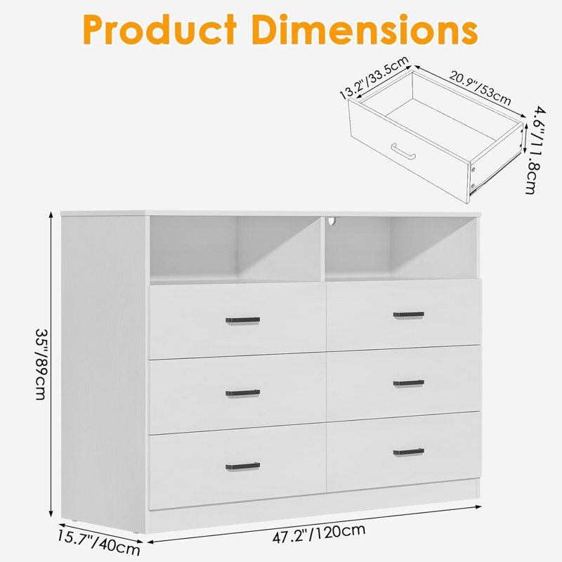 6 Drawers Dresser,Modern Storage Tower Dressers and Chests 2 Open Cubby,Large Organizer for Bedroom, White