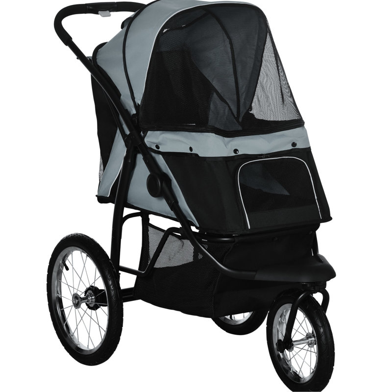 Poussette pliable pour petits et moyens chiens, 3 grandes roues, auvent réglable, cordon, panier de rangement, abat-jour gris, laisse, bac
