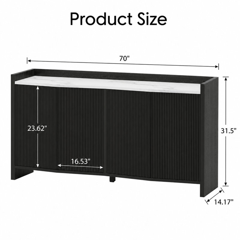 70" Modern Fluted Sideboard Cabinet with Faux Marble Top, Black Buffet Cabinet with Storage, 4 Door Credenza Console Table for Dining Room, Living Room, Entryway, Hallway