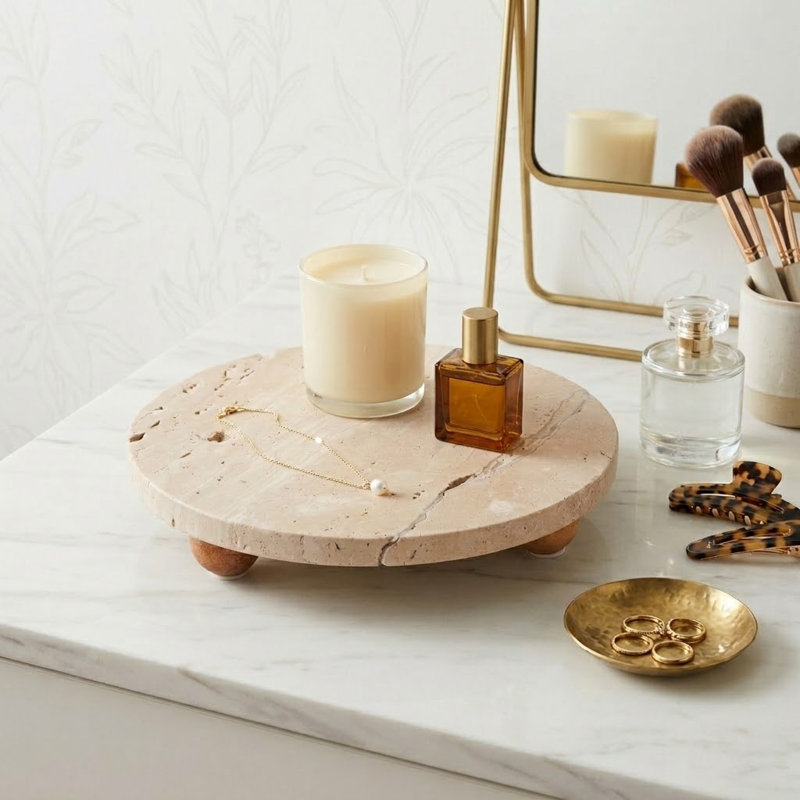 Natural Travertine Round Tray for Ottoman or Coffee Table Styling - Decorative Home Decor Accent Tray for Jewelry Display or Kitchen Counter - 10", Tan