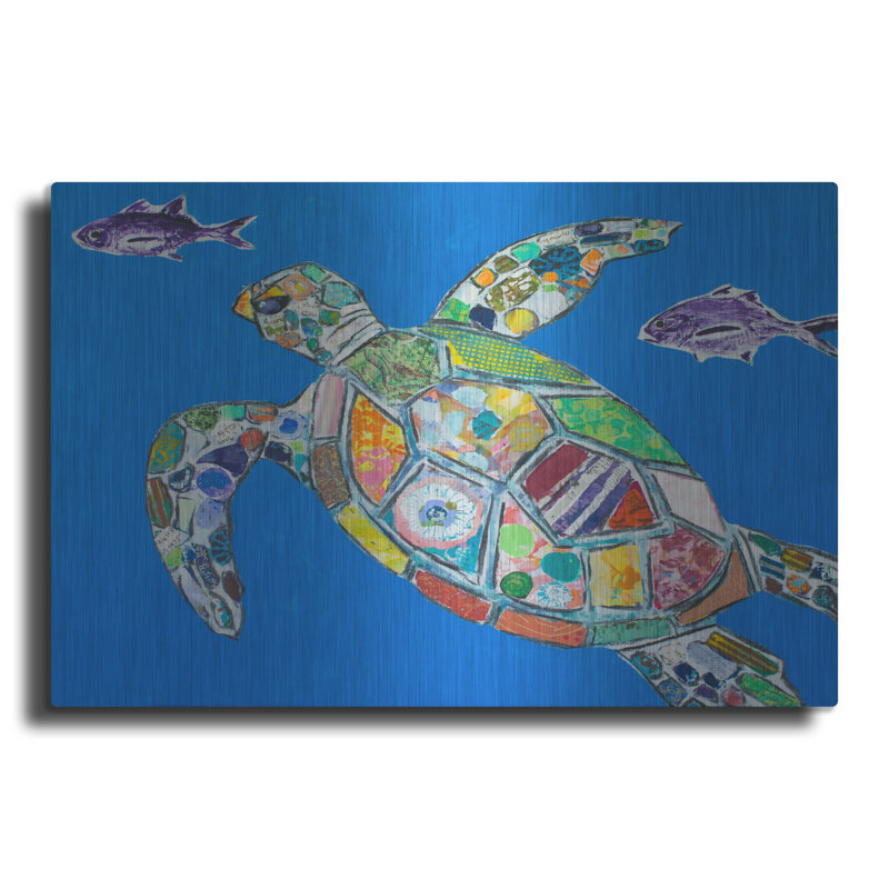 Blue Sea Turtle Metal Wall Art with Colorful Mosaic Design, 36" x 24"