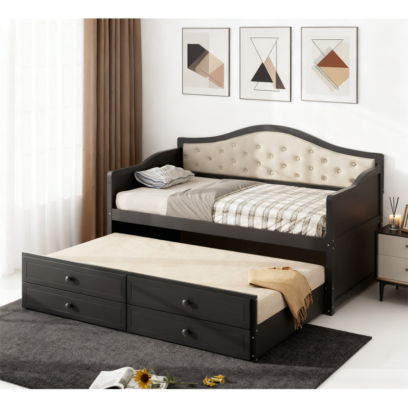 Modern Daybed with 2 Storage Drawers and Trundle, Black