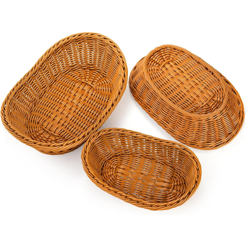 3 Pack Small Woven Breads Baskets, Oval Fruit Baskets Stackable Plastic Wicker Basket