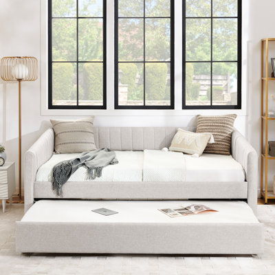 Lit de jour double avec couchette, tissu en lin beige, rayures verticales, ensemble de couchage confortable, convient au café et au salon, lit de jour rembourré, lin, confortable, siège allongé,