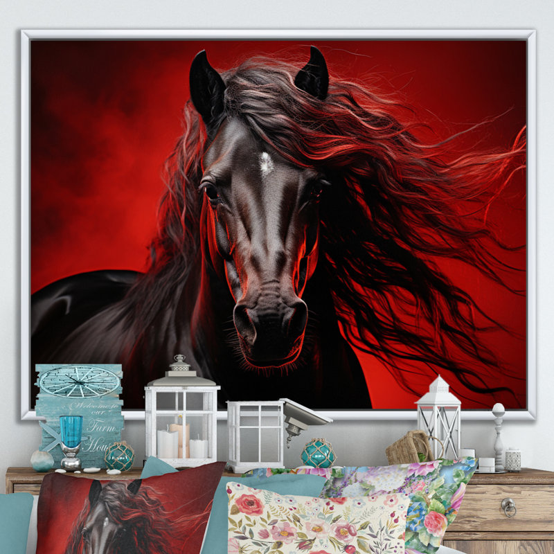 Red Black Horse Vibrant Red Equine II - Animals Wall Art Prints, H 34 po x l 44 po x P 1,5 po, Cadre flottant blanc