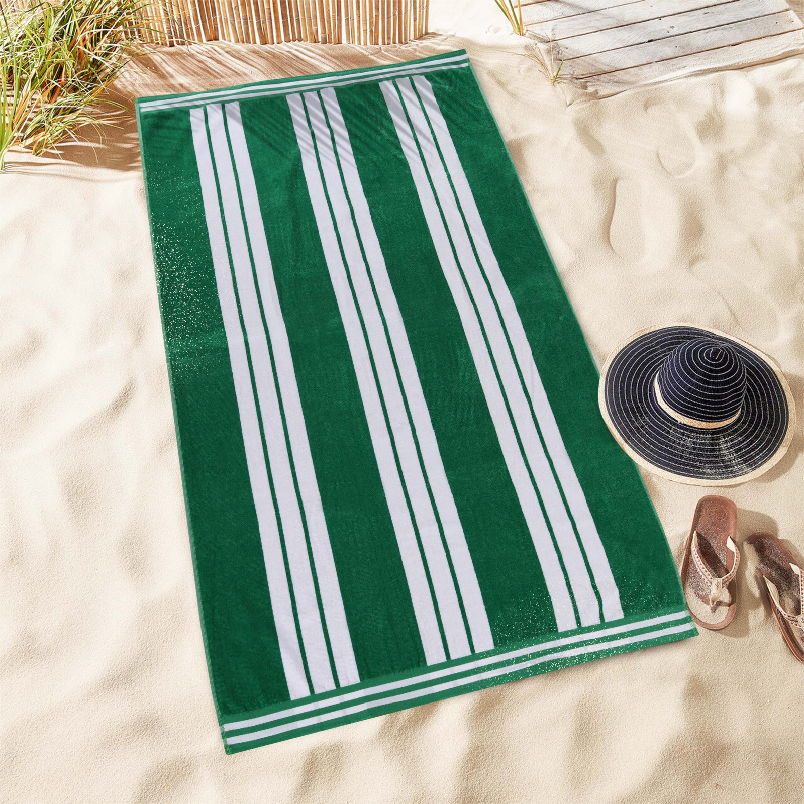 Chira Oversized Stripe Cabana 100% Cotton Beach Towel, Dark Green, Beach Towel - 6 Pack