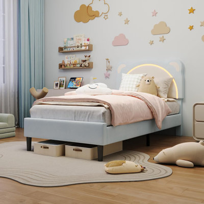 Twin XL Size Kids Upholstered Platform Bed Frame With LED Lights Headboard Adjustable Padded Headboard Velvet Fabric Wooden Slats Support No Box Spring Needed Blue Color For Girls And Boys
