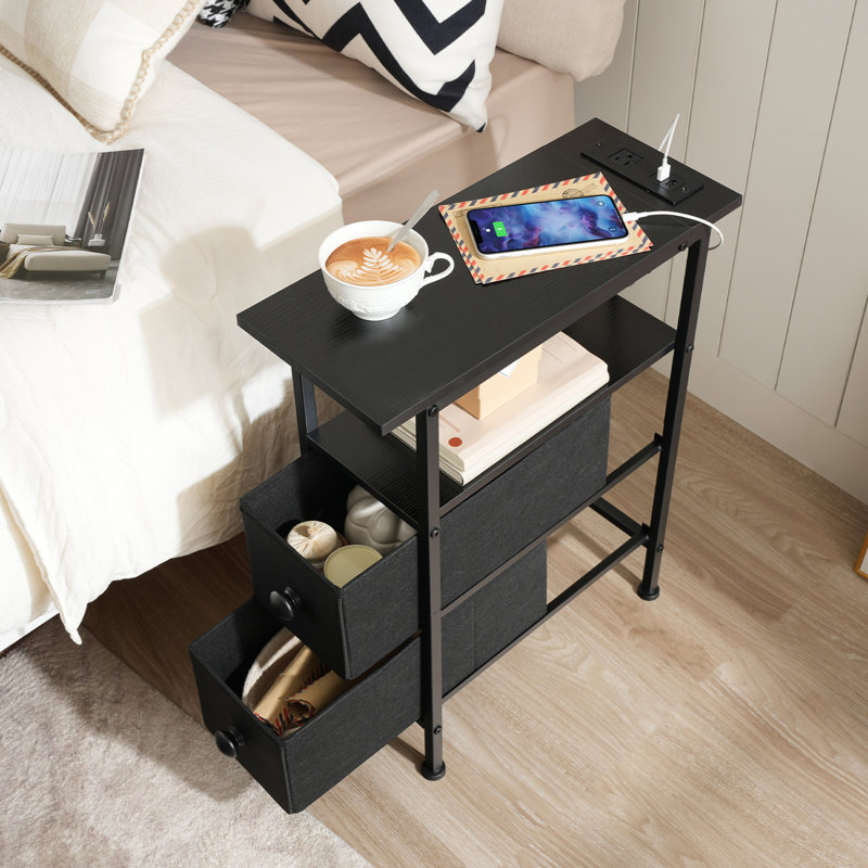 Narrow End Table with Charging Station, Black, 23.6" H x 18.9" L x 7.8" D