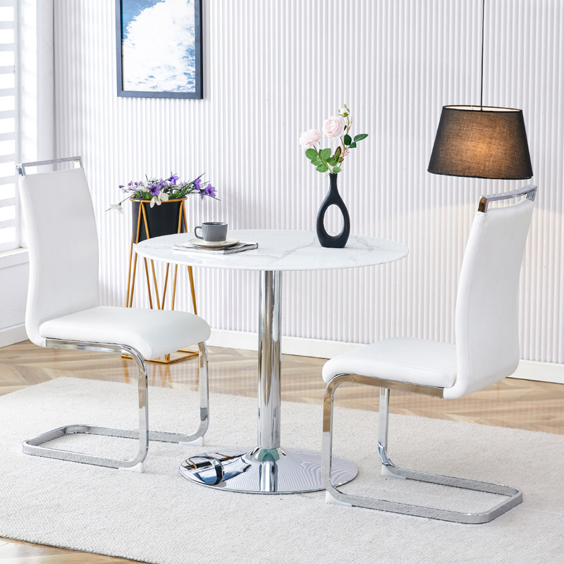Ensemble de salle à manger 3 pièces avec plateau en verre, Blanc