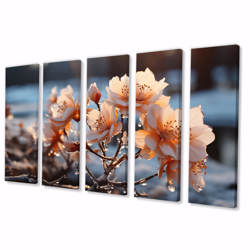 «Winter Landscape Frozen Blossoms III», impression sur toile paysage d'hiver - 5 panneaux égaux