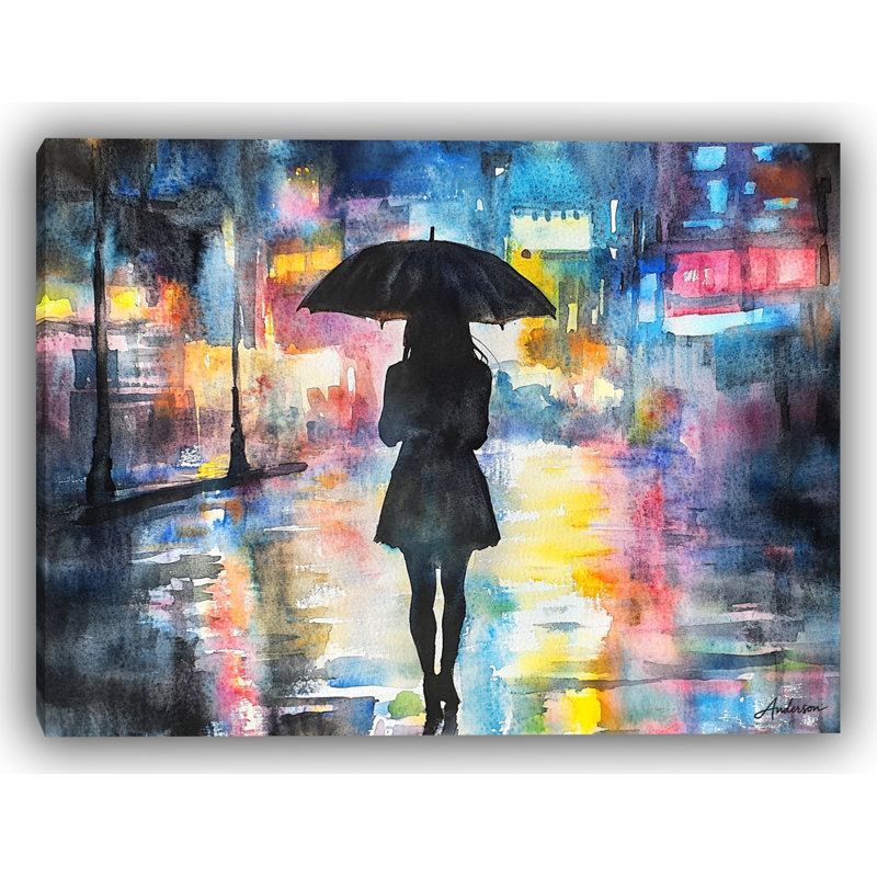 Night Stroll II - Femme marchant sous la pluie avec parapluie, art mural, H 16 po x l 24 po
