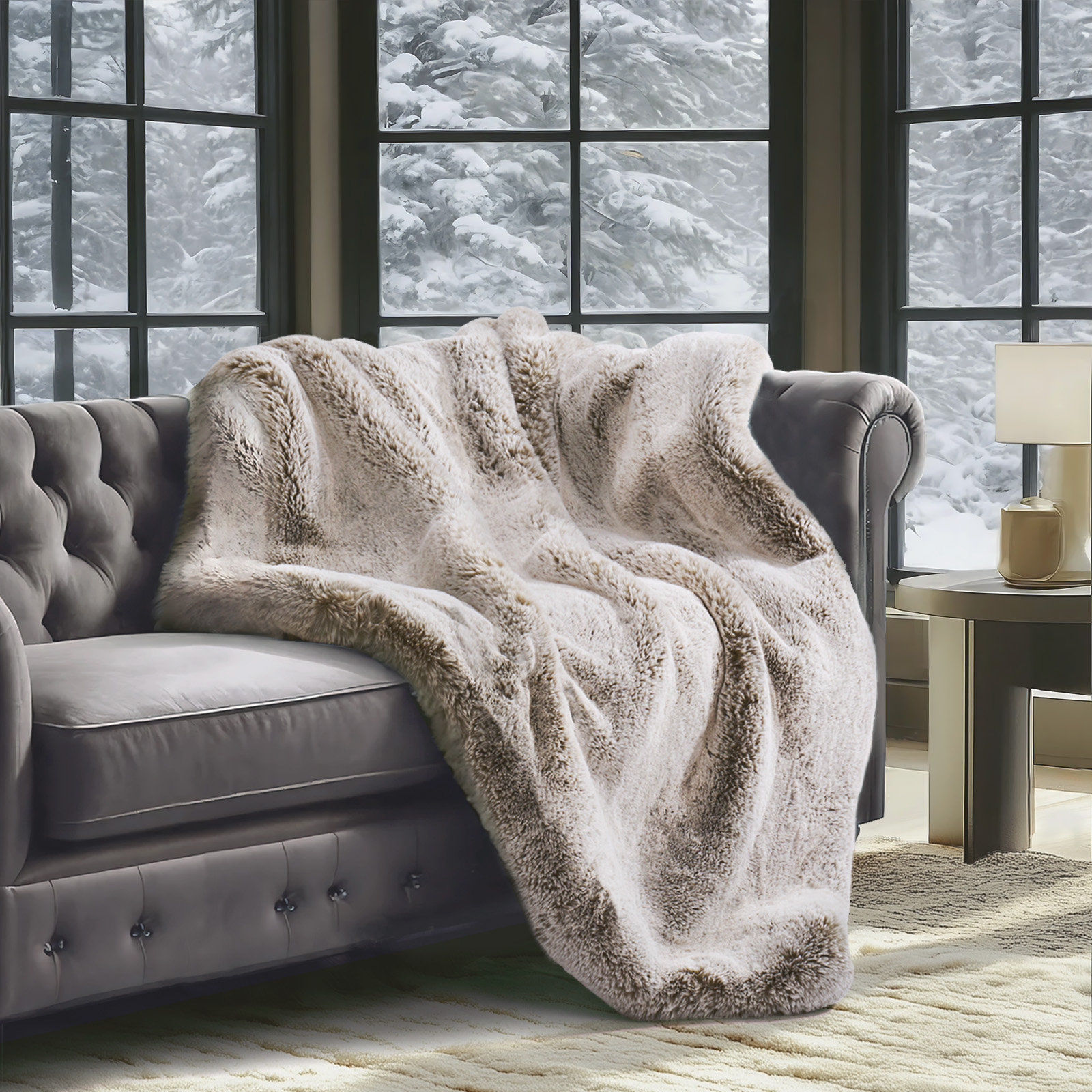 Chinchilla Faux Fur Throw Blanket, Champagne Fawn, 90" L x 72" W