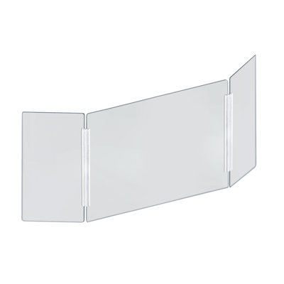 Large 53.5" wide x 23.5" high Clear Acrylic Tri Fold PLEXIGLASS Protective Shield, Sneeze Guard, Personal Barrier, adjustable heights for pass through on the bottom