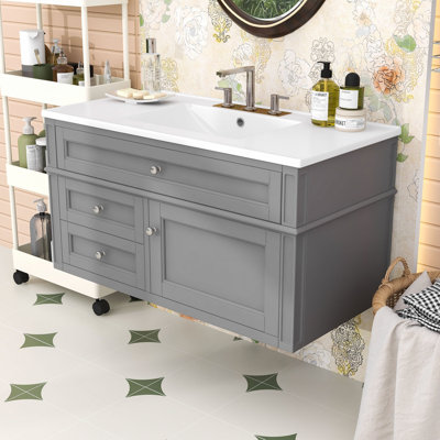 Wall-Mounted Bathroom Vanity with Ceramic Sink, Tip-Out Drawer, Soft-Close Hinges and Spacious Storage