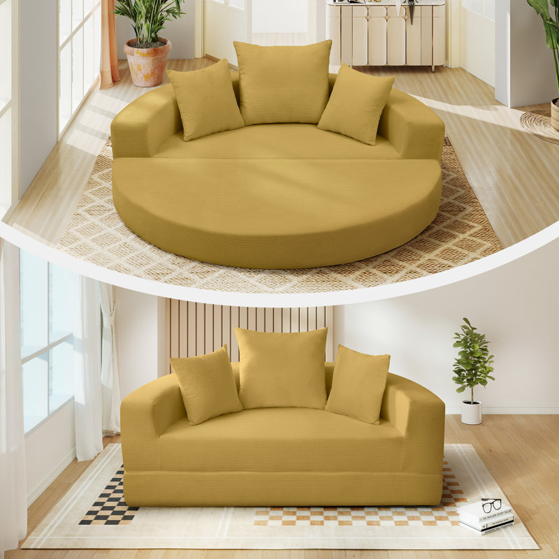 Canapé-lit rond convertible Boneless de 67 po avec canapé-lit en velours côtelé pliable, Jaune