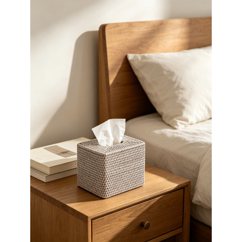 Couvre-boîte à mouchoirs en osier tissé à la main - Porte-papier-mouchoirs en rotin naturel pour salle de bain, chambre à coucher, salon, bureau - La forme cubique convient aux boîtes à mouchoirs carrées standard, finition blanc délavé