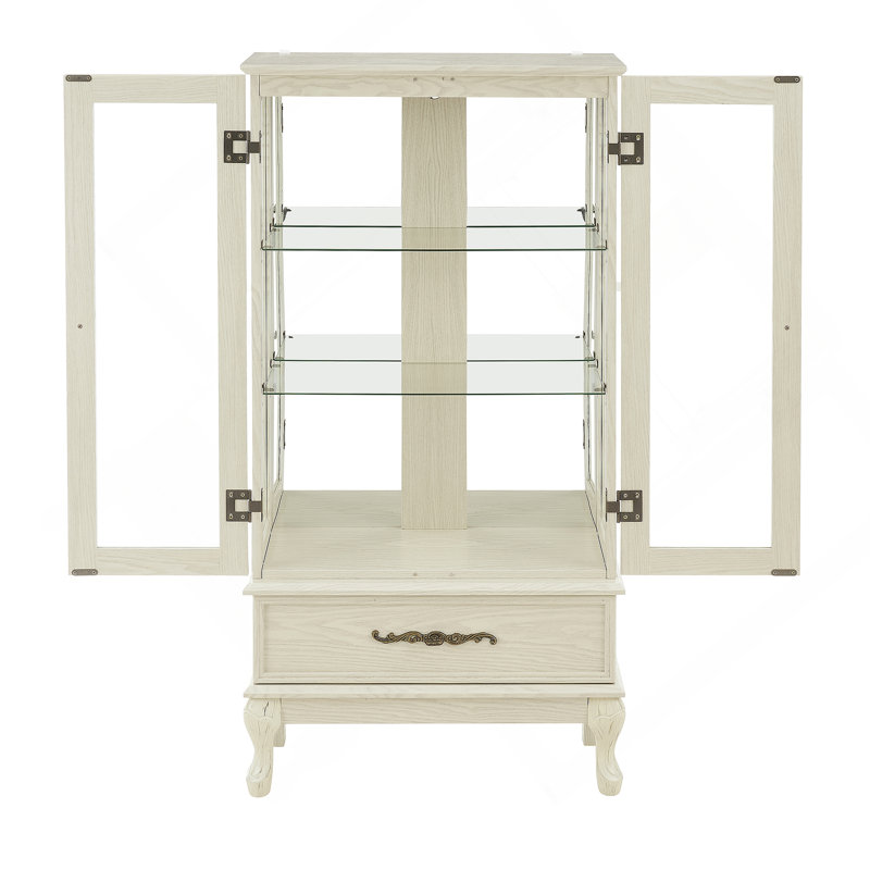 Curio Cabinet Lighted Glass Cabinet Glass Wine Cabinet Curio Display Cabinet with Adjustable Glass Shelves 2 Doors and 1 drawer Cabinet Sideboard With Bulb Included