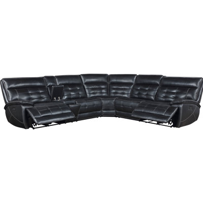 Dual Power Reclining Sectional In Black, Crafted With Top Grain Leather, Modern Grid Tufting, And A Console Removable Cup Holders For Home Setup Black Leather , Featuring Back, Pillow Arms, Soft -