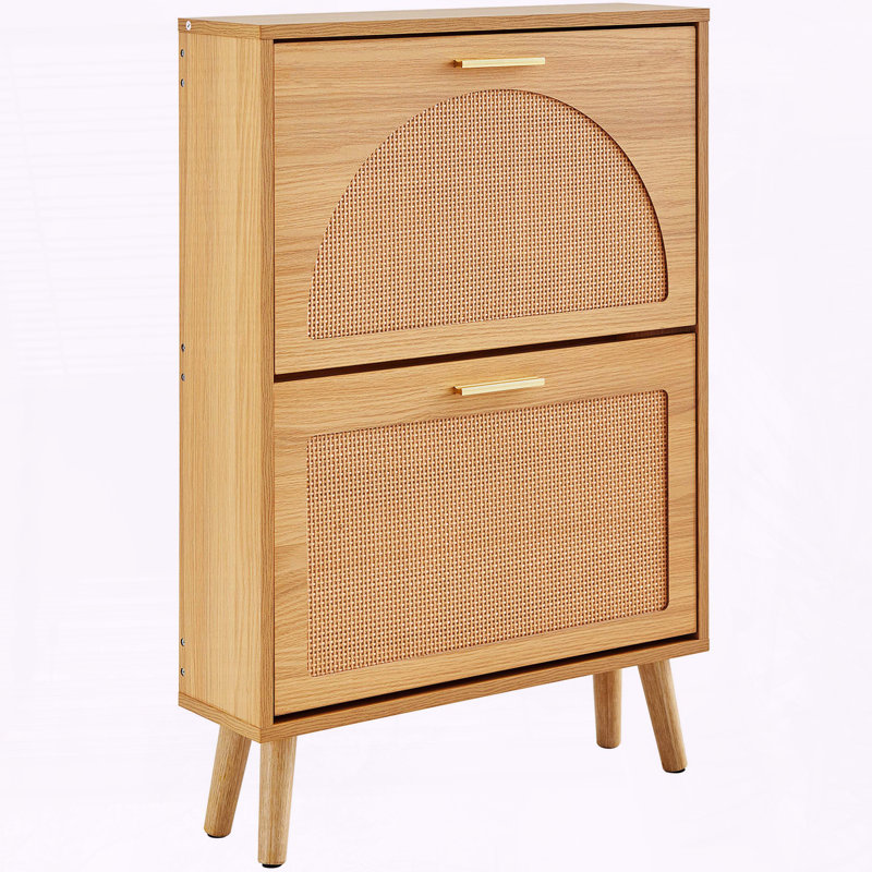 Armoire à chaussures en rotin avec 2 tiroirs rabattables, bois naturel