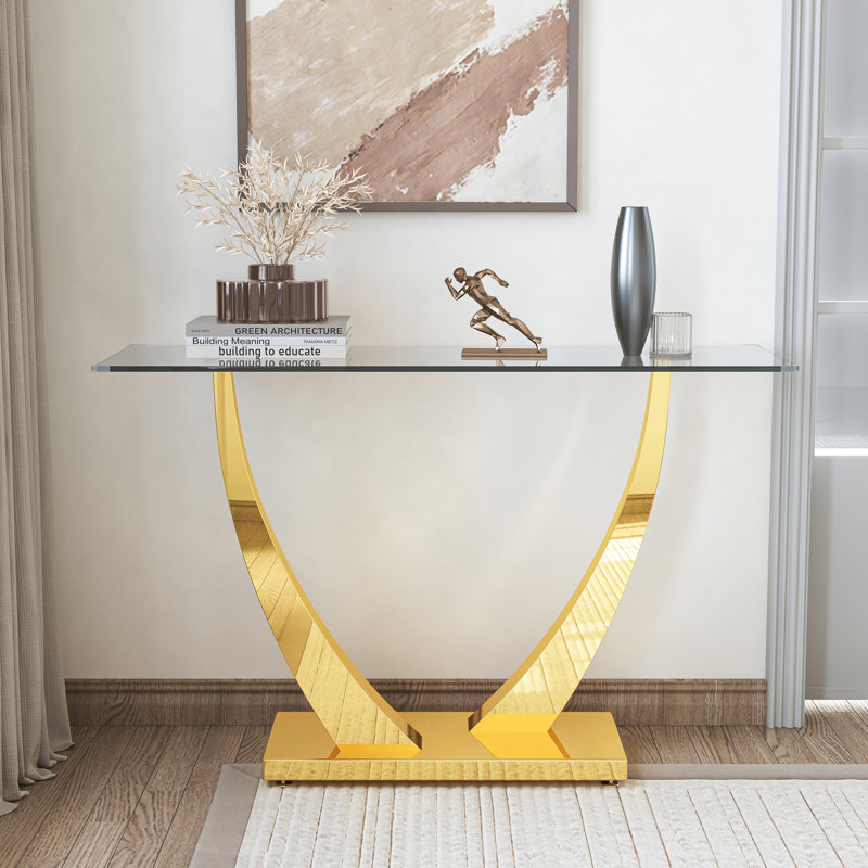 47.24" Glass Top Console Table With U-shape Sleek Stainless Steel Base, Gold