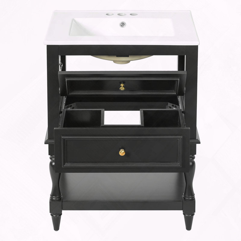 Tablette de meuble-lavabo rétro avec tiroir en céramique, Noir