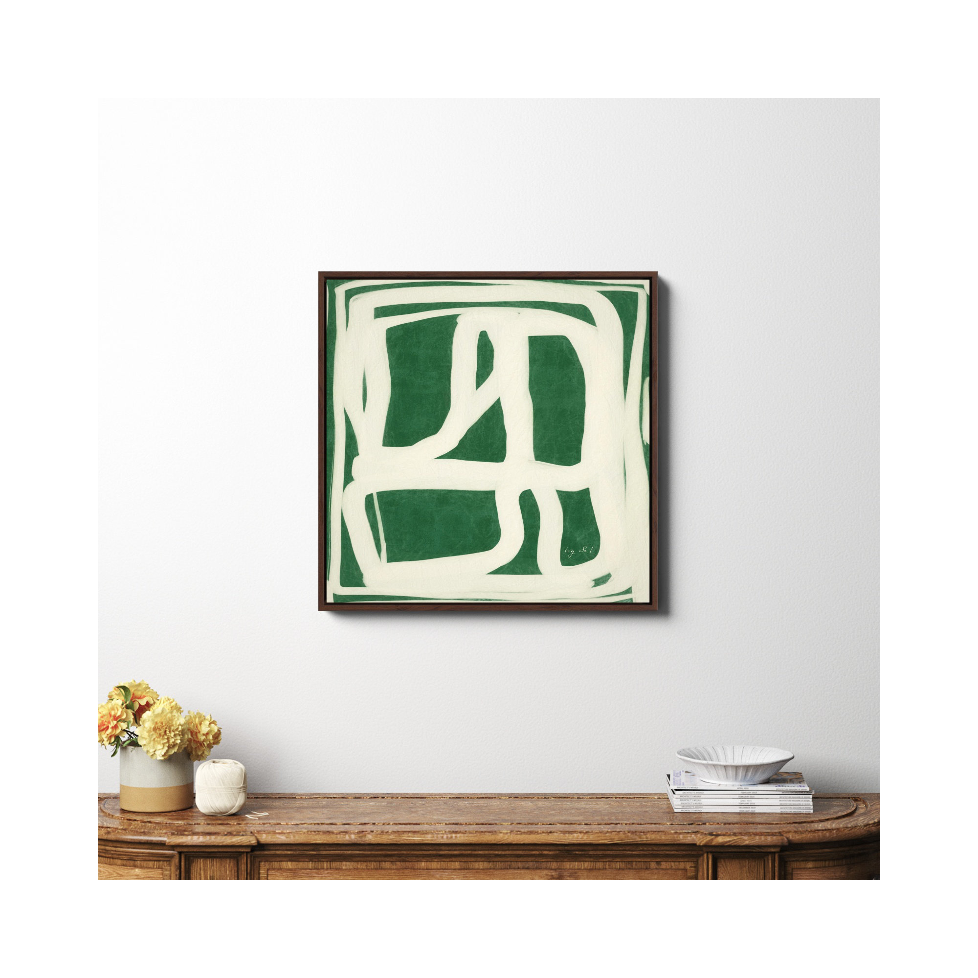 Green White Movement by Ivy&I, Espresso Framed Canvas, 30" H x 30" W x 2" D, No