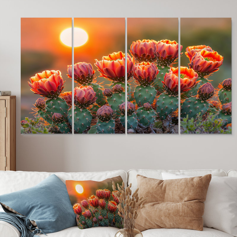 Cactus en fleurs au coucher du soleil I - Art mural floral cactus - ensemble d'art mural traditionnel, H 32 po x l 64 po, 4