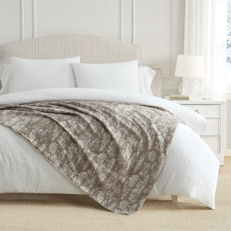 Martha Stewart Printerd Cotton Reversible Throw Blanket, Farmhouse Toile Brown
