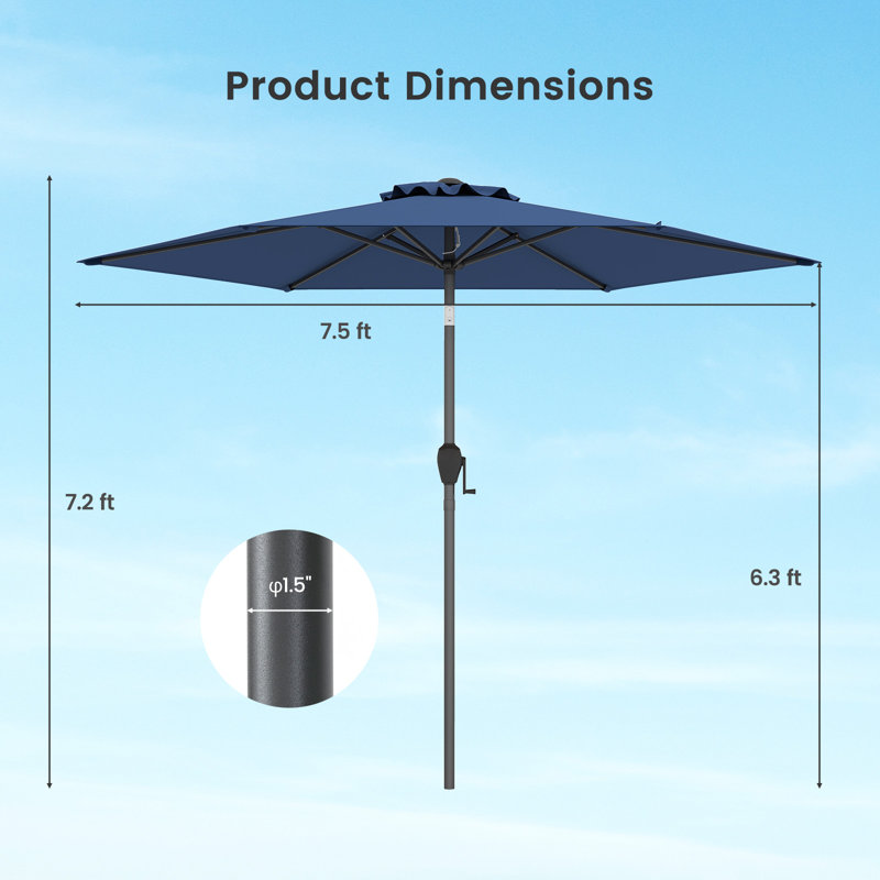 Parasol de marché d'extérieur 7,5 pi avec bouton-poussoir inclinable bleu marine 7,5 pi, Marine
