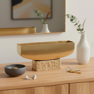 Alekzandra Rectangular Polished Metal Decorative Bowl with Textured Base - Sculptural Modern Accent Bowl for Tabletop Home Decor Accent - 14", Gold
