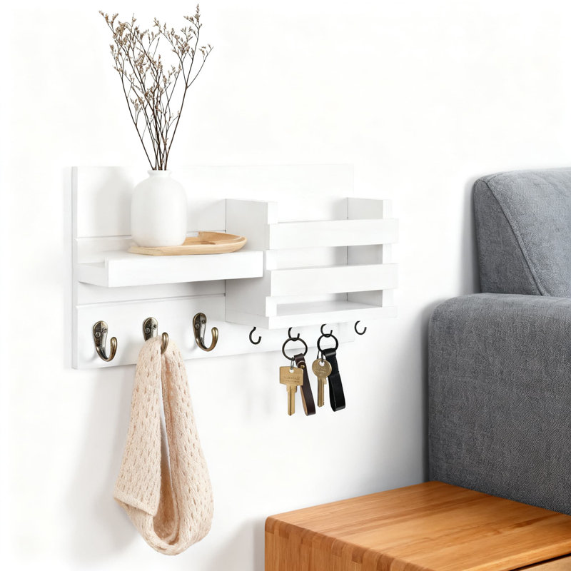 Organisateur de courrier mural avec crochets à clés et tablette, organisateur de vestibule en bois rustique pour lettres, manteaux, laisses et lunettes de soleil, quincaillerie d'installation incluse