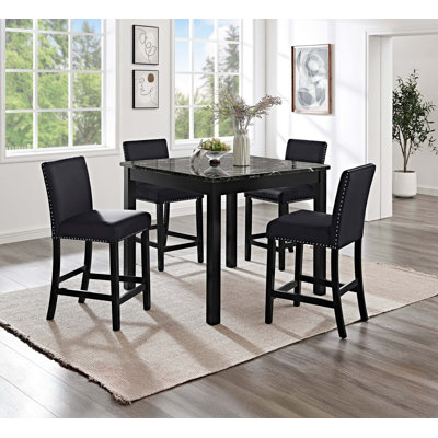 5Pc Counter Height Dining Set Square Faux Marble Table Upholstered Chairs Tufted Nail Head Wooden Leg