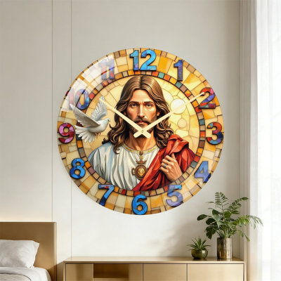 Horloge murale religieuse en verre coloré avec art de Jésus - Horloge murale 24 po