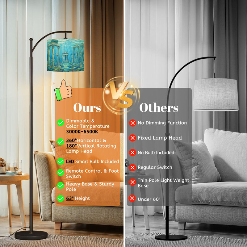 Arc Floor Lamp with Adjustable Lampshade Underwater ruins Standing Lamp 3 Color Temperatures Dimmable Tall Pole Lamp with Foot Switch for Bedroom