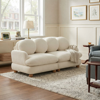 68'' Modern Chenille Upholstered 2-Seat Sofa with 4 Round Throw Pillows and Solid Wood Legs, Cream White