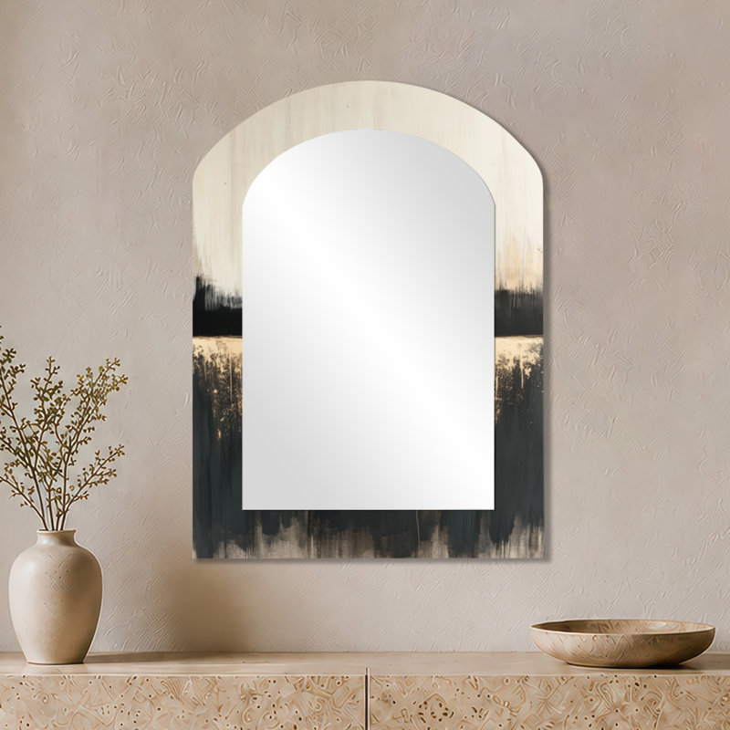 Miroir décoratif contemporain - formes modernes beige et noir I, impression sur métal, 34" x 25"