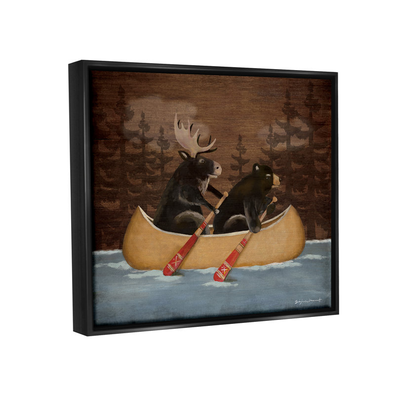 «Canoeing Animals Rustic Woodland» par Stephanie Workman Marrott - impression, Cadre flottant noir de jais