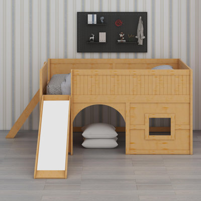 Wooden Low Loft Bed With Storage Shelves And Slide
