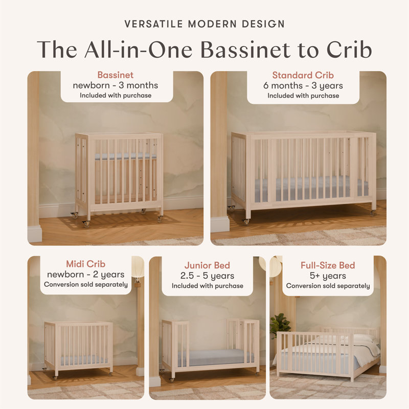 Rolli 9-in-1 Convertible All-Stages® Crib with Bassinet & Toddler Bed Conversion Kits, Washed Natural