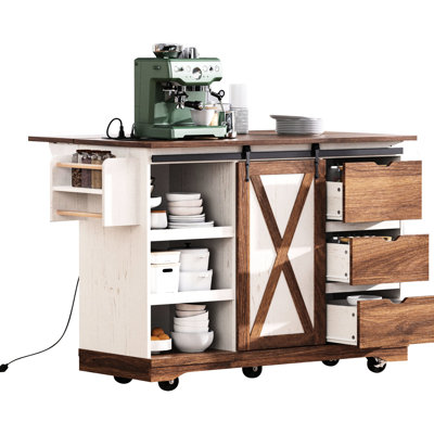 55.5 - Inch Kitchen Island With Drop Leaf, Sliding Barn Door, Spice Rack, And Lockable Wheels For Dining Room Island, Adjustable Shelf, Wheels, Use, Organization