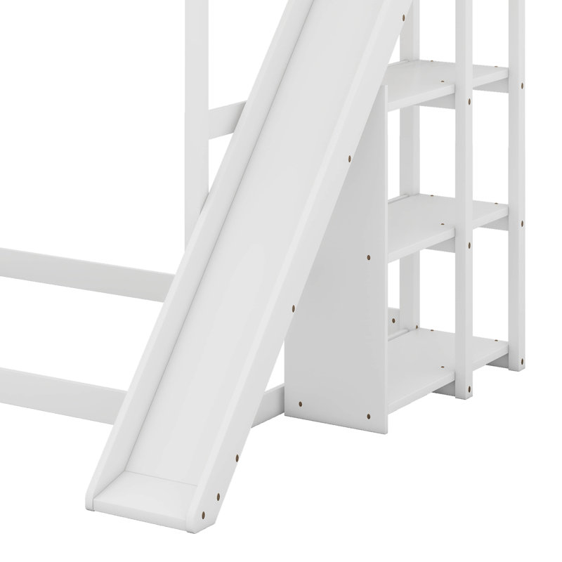 Full Over Full Bunk Bed With Ladder, Slide And Shelves, White