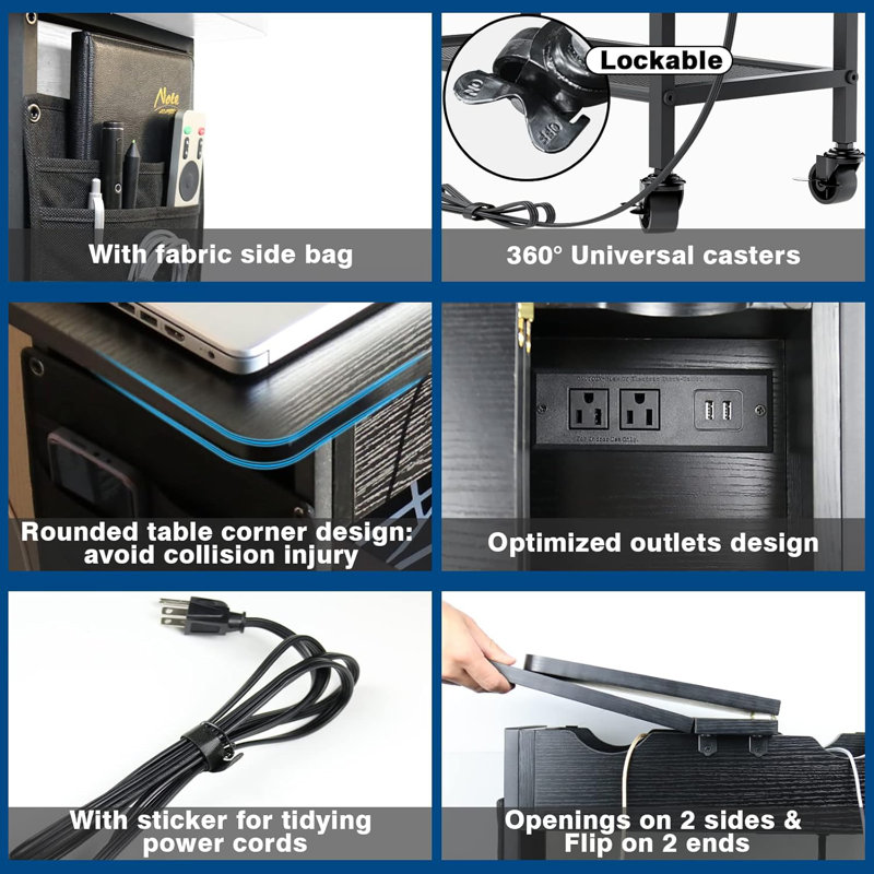 Black Slim Rolling Side Table with Charging Station and Shelves