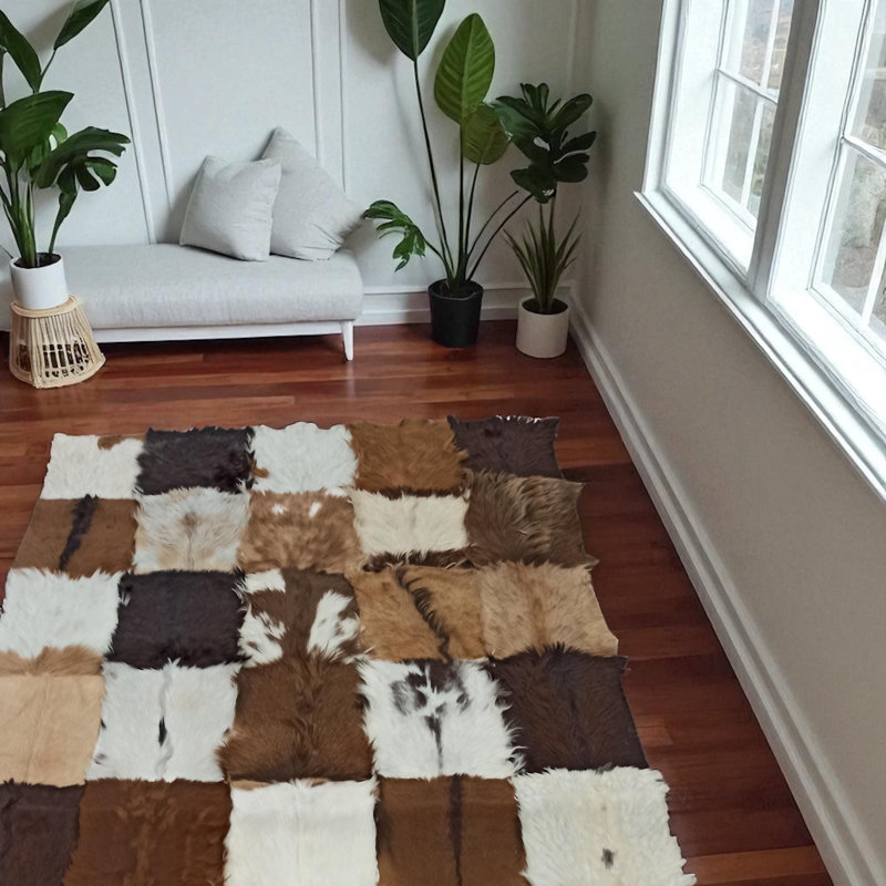 Tapis en peau de chèvre patchwork brun naturel, tapis en fourrure de chèvre rectangulaire fabriqué à la main, tapis de décoration de salon doux au format personnalisé_3 x 5 pi