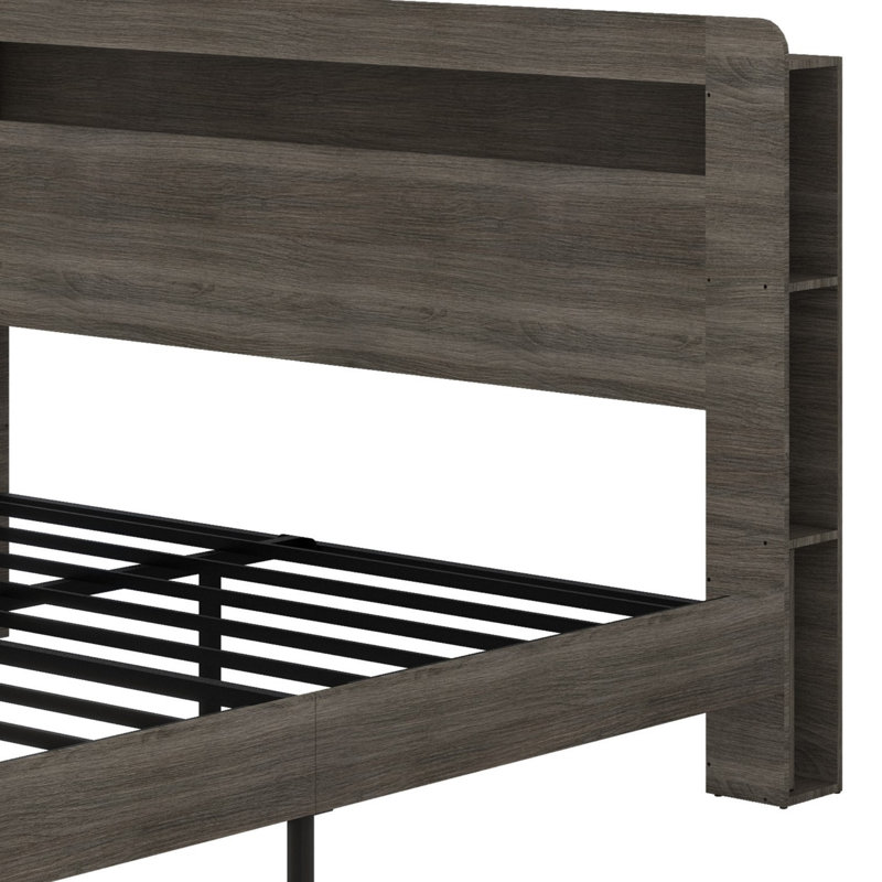 Structure de lit plateforme avec tête de lit à DEL avec rangement et 2 USB, grand rangement sous le lit, Grand, Gris foncé