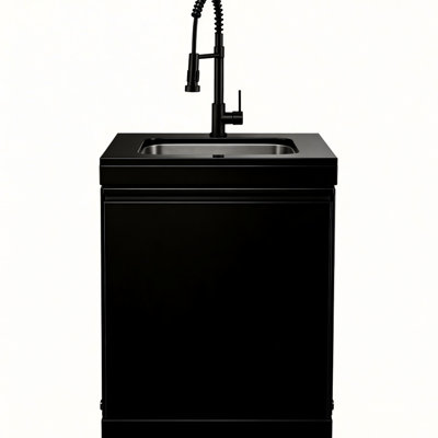 Armoire pour évier à double porte pour îlot de cuisine extérieur, acier inoxydable 304, finition noire, nivellement réglable sur les surfaces inégales, évier spacieux, bonde filetée standard, armoire de 23 po de largeur avec robinet pour