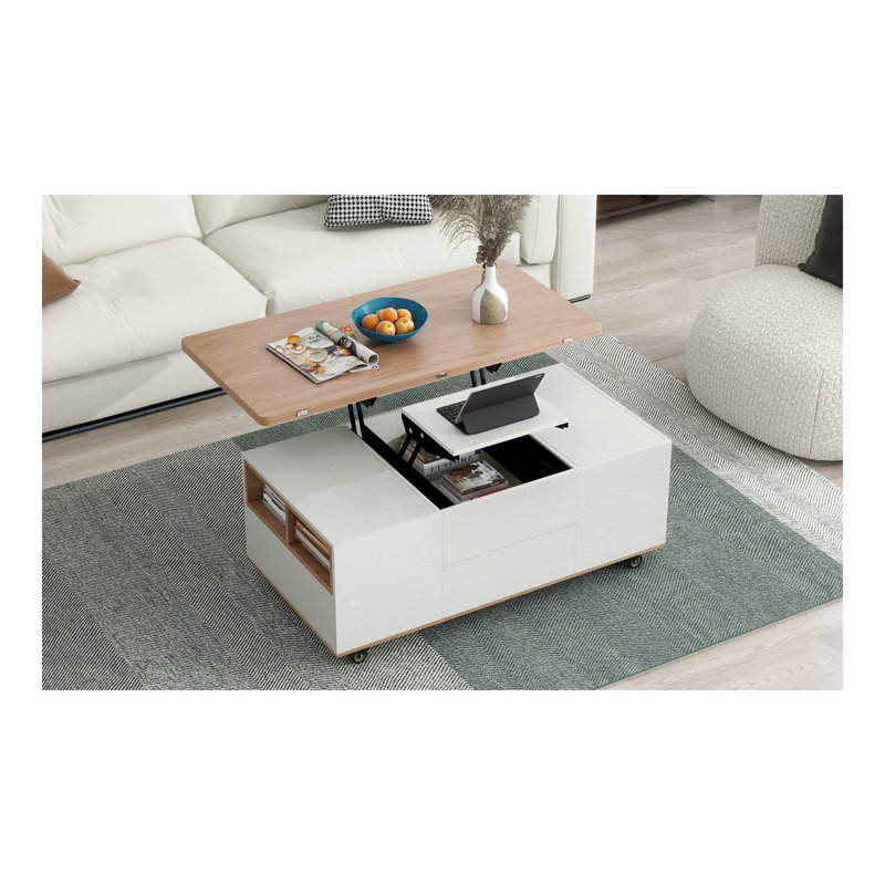 Table basse à plateau relevable moderne en noyer et blanc avec tiroirs et tablettes Modern